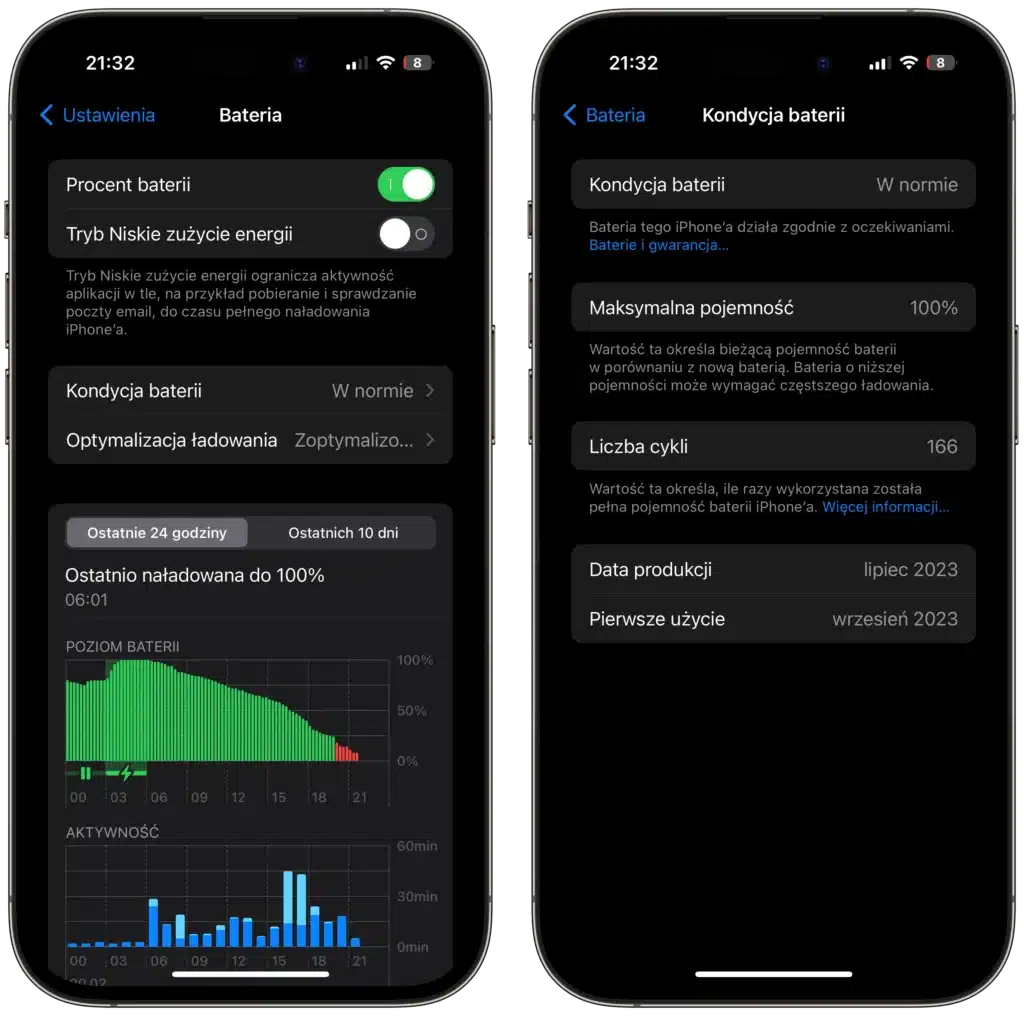 podgląd na parametry baterii w ustawieniach iPhone